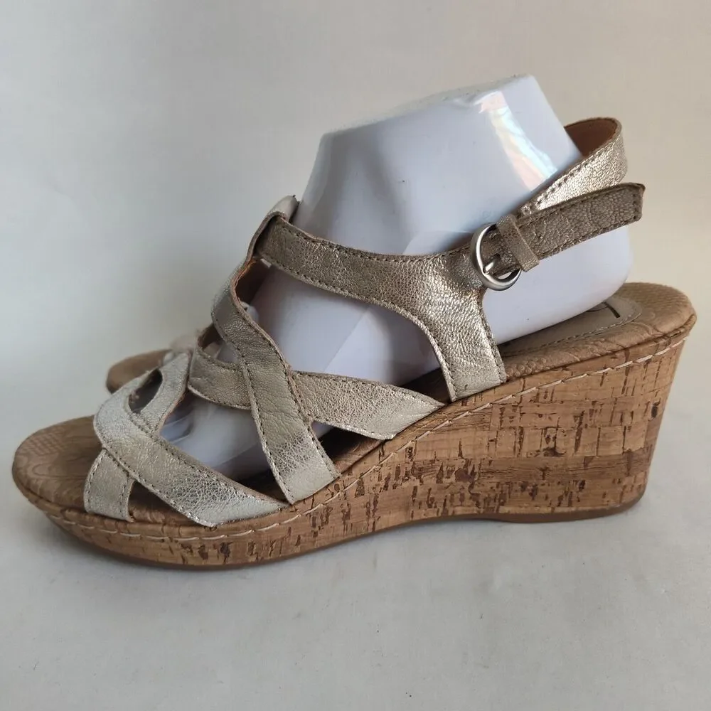 BOC Born Metallic‎ Gold Leather Sandals Cork Wedge Heels Ankle Strap Womens 10 M